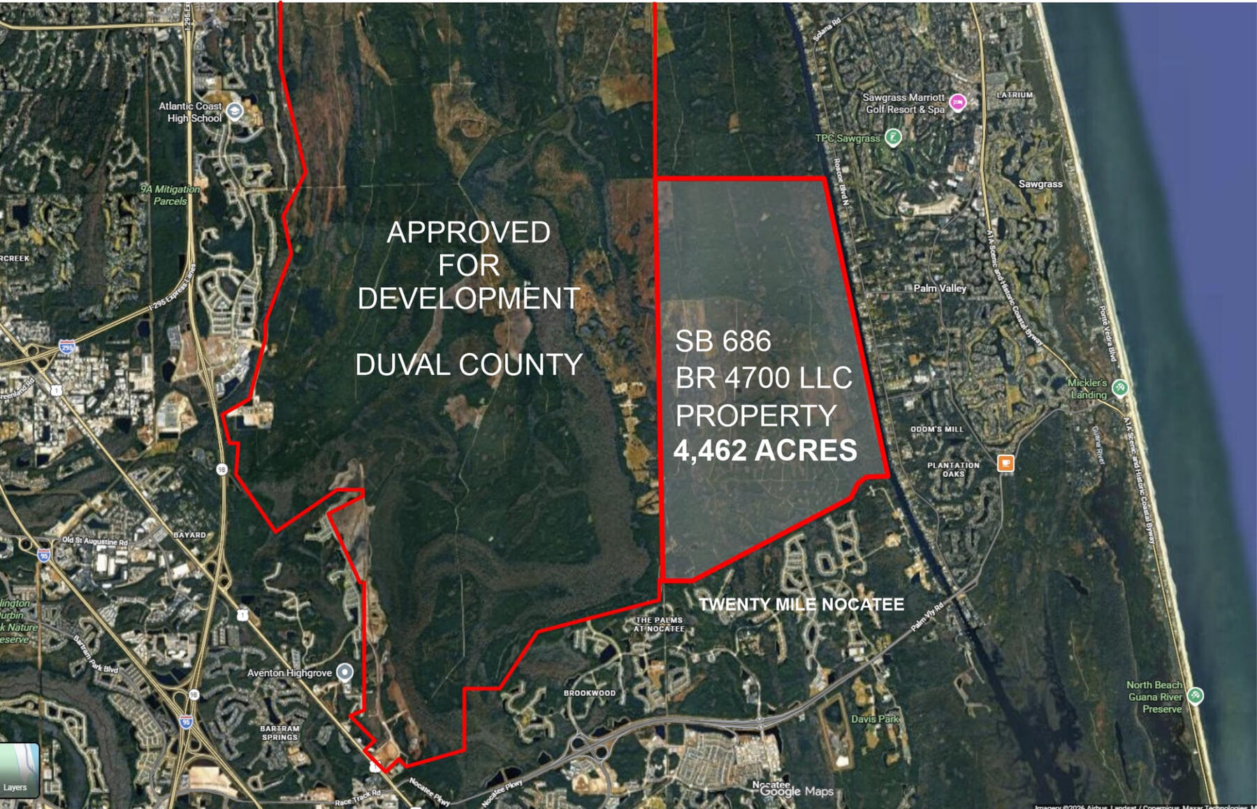 Map of SB 686 proposal by BR 4700. Includes outline of adjacent area that was approved by Duval County in 2023 for a mass housin